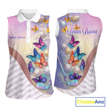 Load image into Gallery viewer, Colorful Butterfly Womens Sleeveless Golf Polo Shirt Custom Name Floral White Golf Ball Jerseys NYN2911