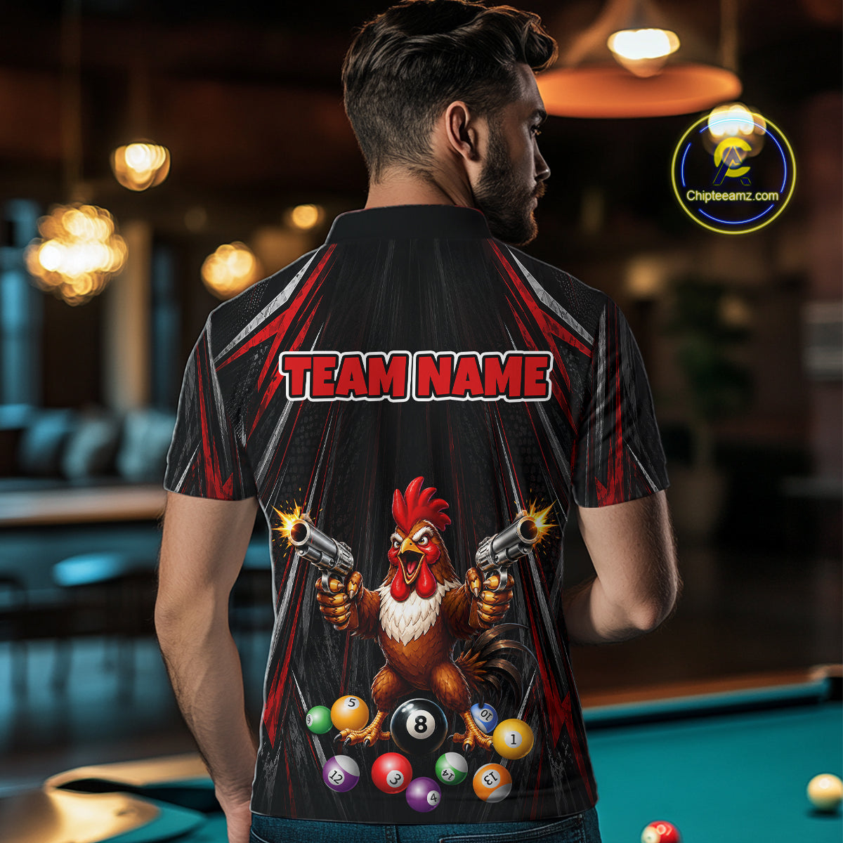 Black And Red Grunge Rooster Gun 8 Ball Mens Billiard Polo Shirts Custom Funny Billiard Team Apparel NYN3297