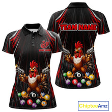 Load image into Gallery viewer, Black and red rooster gun 8 ball billiard shirt for women funny pool apparel