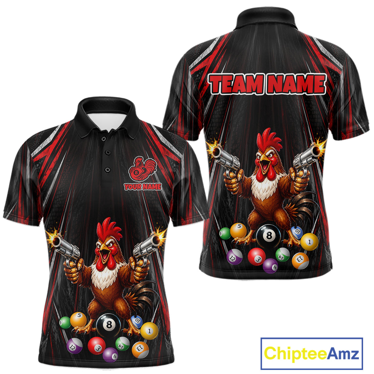 Black and red rooster gun 8 ball billiard shirt for men funny pool apparel