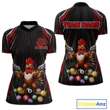 Load image into Gallery viewer, Black and red rooster gun 8 ball billiard shirt for women funny pool apparel
