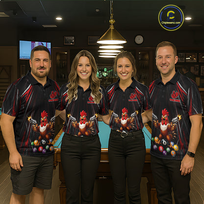 Black And Red Grunge Rooster Gun 8 Ball Mens Billiard Polo Shirts Custom Funny Billiard Team Apparel NYN3297