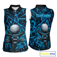 Load image into Gallery viewer, Women's funny tornado golf sleeveless polo shirt, lightning strike golf apparel, blue UPF golf shirt, custom golf team polo, performance golf clothing