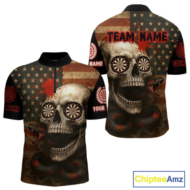 Custom Horror Cobra Skull Dartboard Dart 1/4-Zip Shirt For Men Patriotic Dart Team Jersey NYN1500