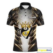 Load image into Gallery viewer, Grey, Black And Gold 8 Ball Crown Billiard Polo &amp; 1/4 Zip Shirt For Men Custom Pool Team Jersey NYN2921