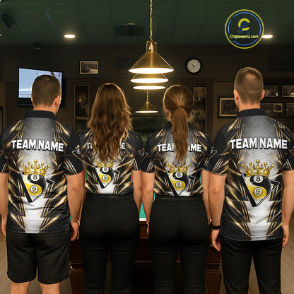 Grey, Black And Gold 8 Ball Crown Billiard Polo & 1/4 Zip Shirt For Men Custom Pool Team Jersey NYN2921