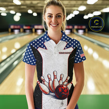 Load image into Gallery viewer, Grunge Patriotic Bowling Jerseys For Women Custom US Flag Bowling Polo 1/4-Zip Shirt, Gift For Bowlers NYN3126