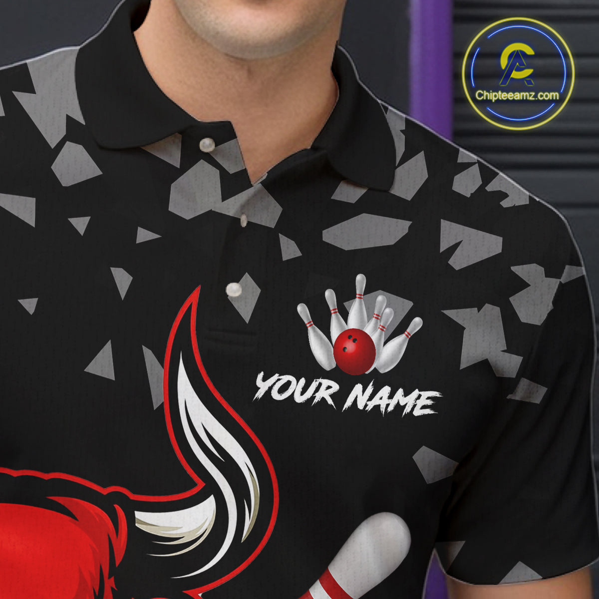 Funny Bull Grunge Red Bowling Polo & 1/4 Zip Shirts For Men Custom Outftis Team Bowling Jerseys NYN3129