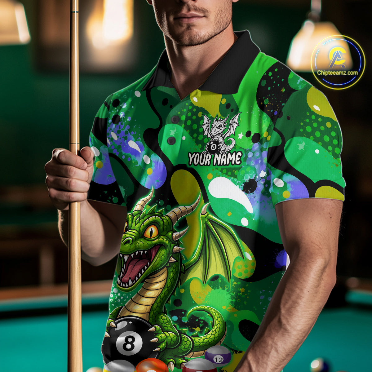 Green Splatter Funny Dragon 8 Ball Pool Billiard Shirts For Men Custom Cute Billiard Team Outfits NYN3301