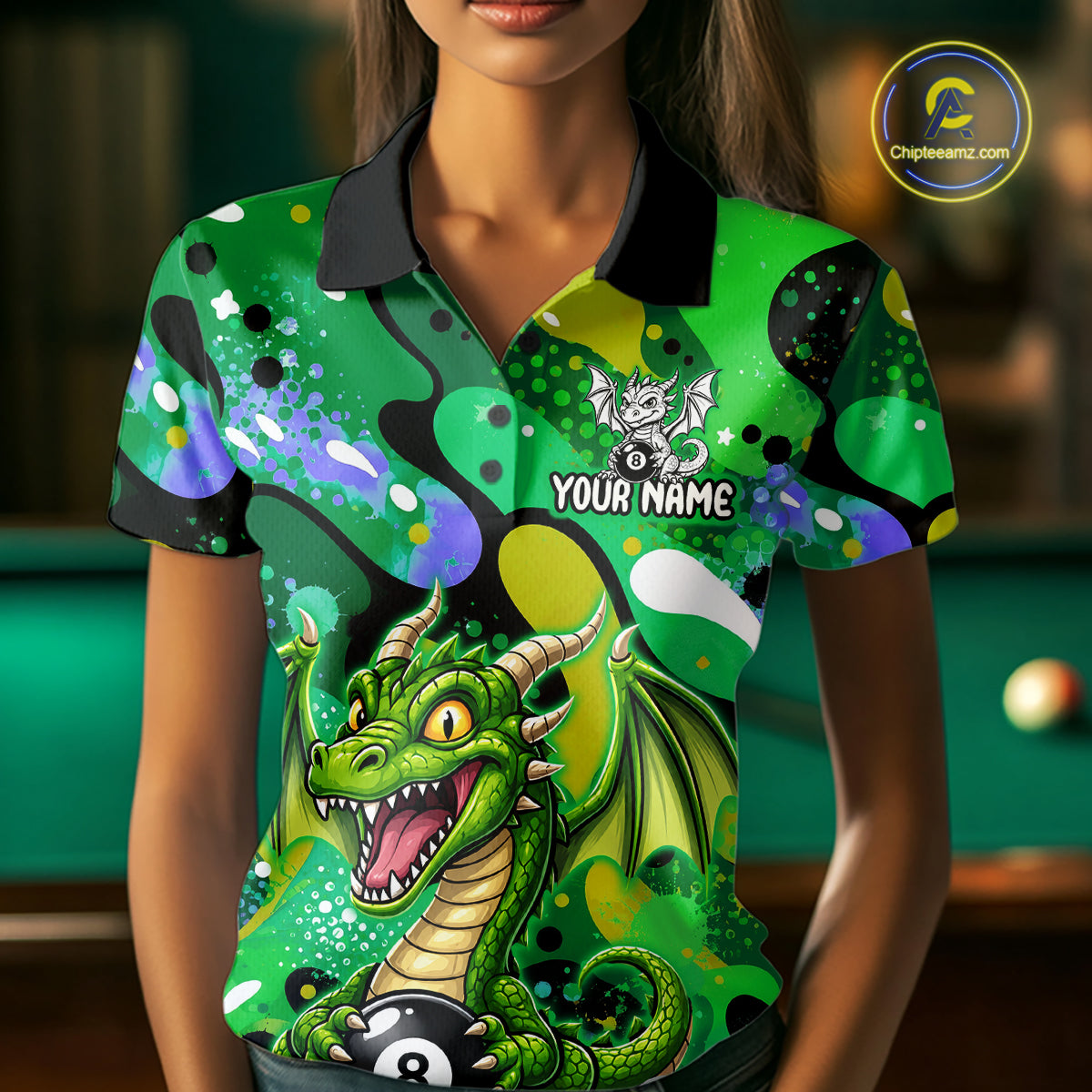 Green Splatter Funny Dragon 8 Ball Pool Billiard Shirts For Women Custom Cute Billiard Team Outfits NYN3301