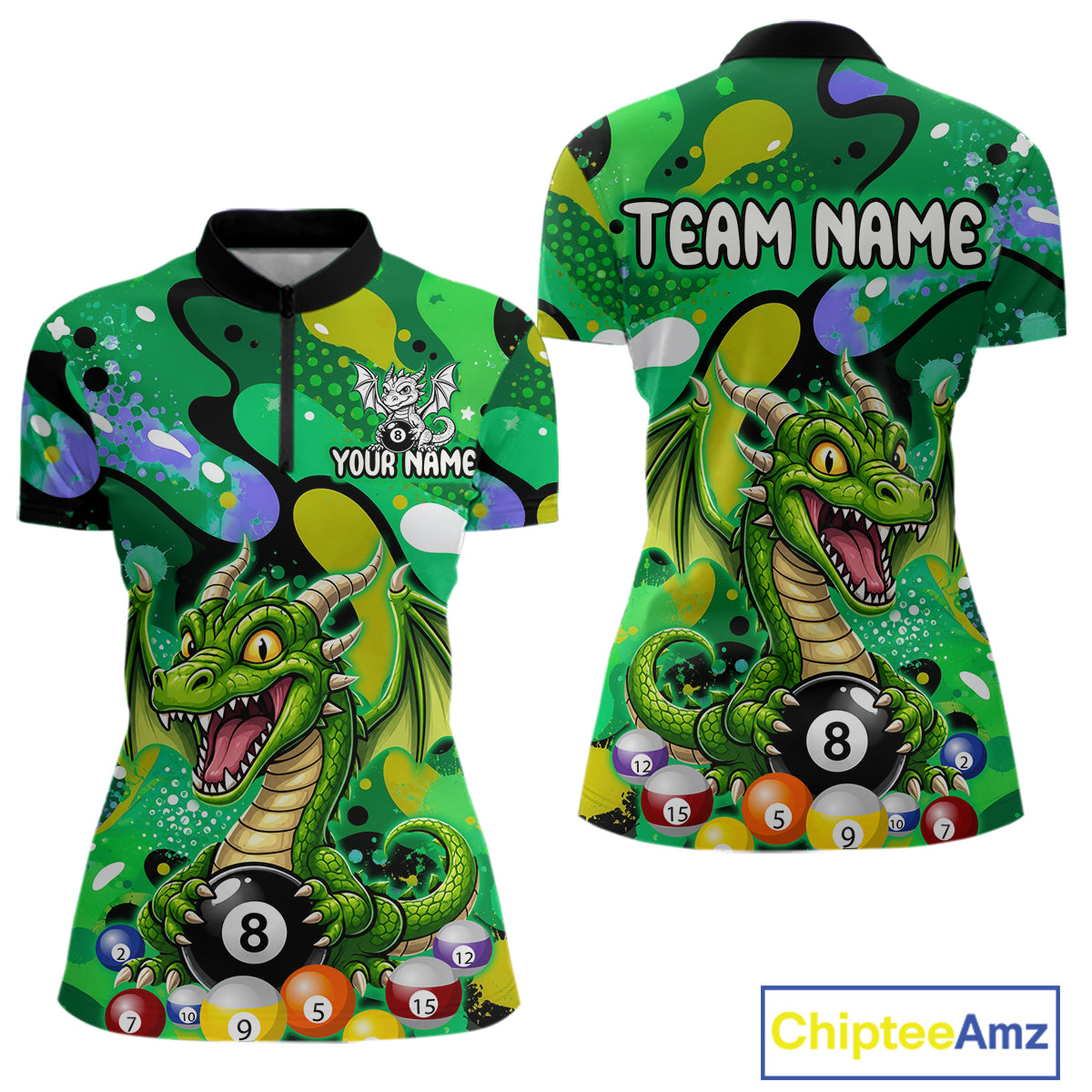 Green splatter funny dragon 8 ball billiard shirt for women custom pool team jersey