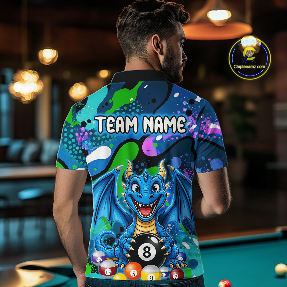 Blue Splatter Funny Dragon 8 Ball Pool Billiard Shirts For Men Custom Cute Billiard Team Outfits NYN3302