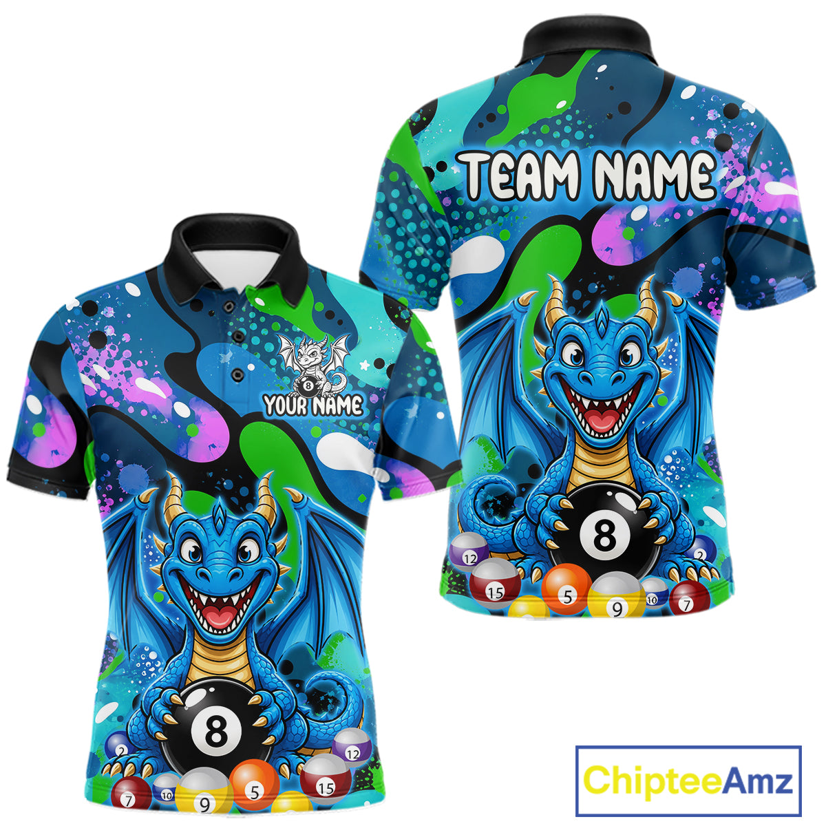 Blue splatter funny dragon 8 ball billiard polo shirt for men custom team apparel