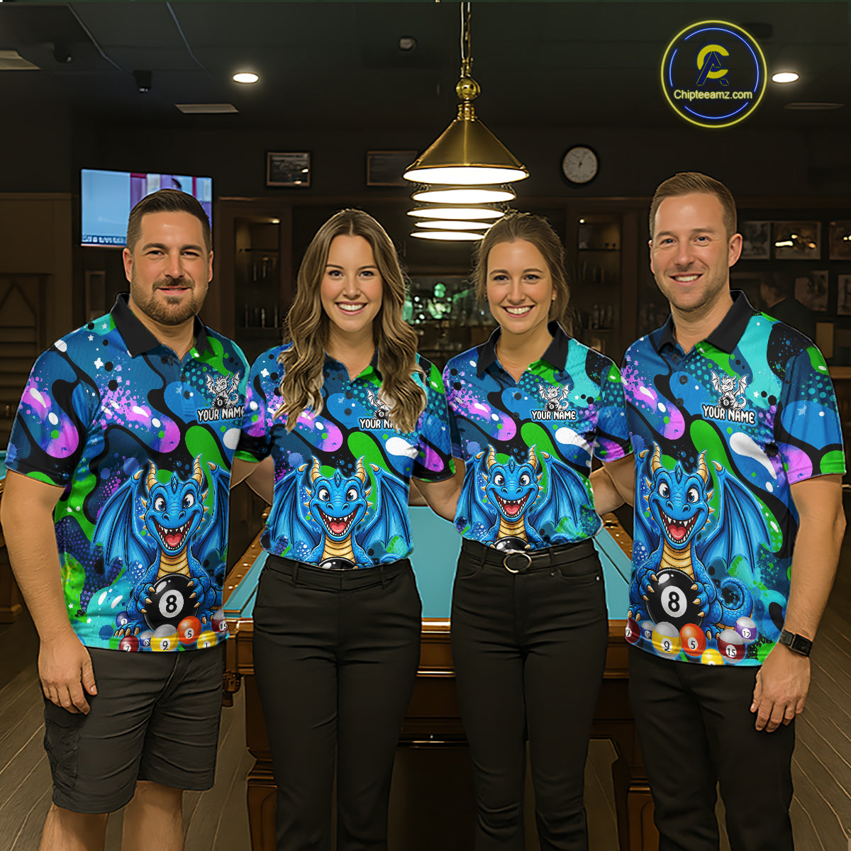 Blue Splatter Funny Dragon 8 Ball Pool Billiard Shirts For Women Custom Cute Billiard Team Outfits NYN3302
