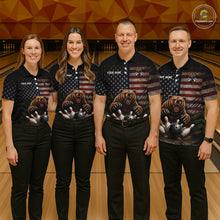 Load image into Gallery viewer, Men women bowling team wearing matching funny retro bear patriotic bowling jerseys, custom bowling team uniforms, league bowling apparel