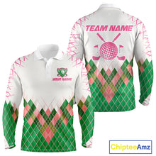 Load image into Gallery viewer, Mens Golf Clothing Green And Pink Argyle Pattern Golf Polo Shirt Custom Golf Upf Shirts NYN2930