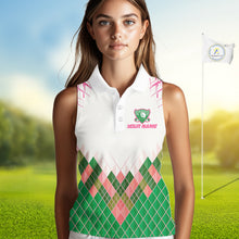 Load image into Gallery viewer, Women Golf Clothing Green And Pink Argyle Pattern Sleeveless Golf Polo Shirt Custom Golf Upf Shirts NYN2930