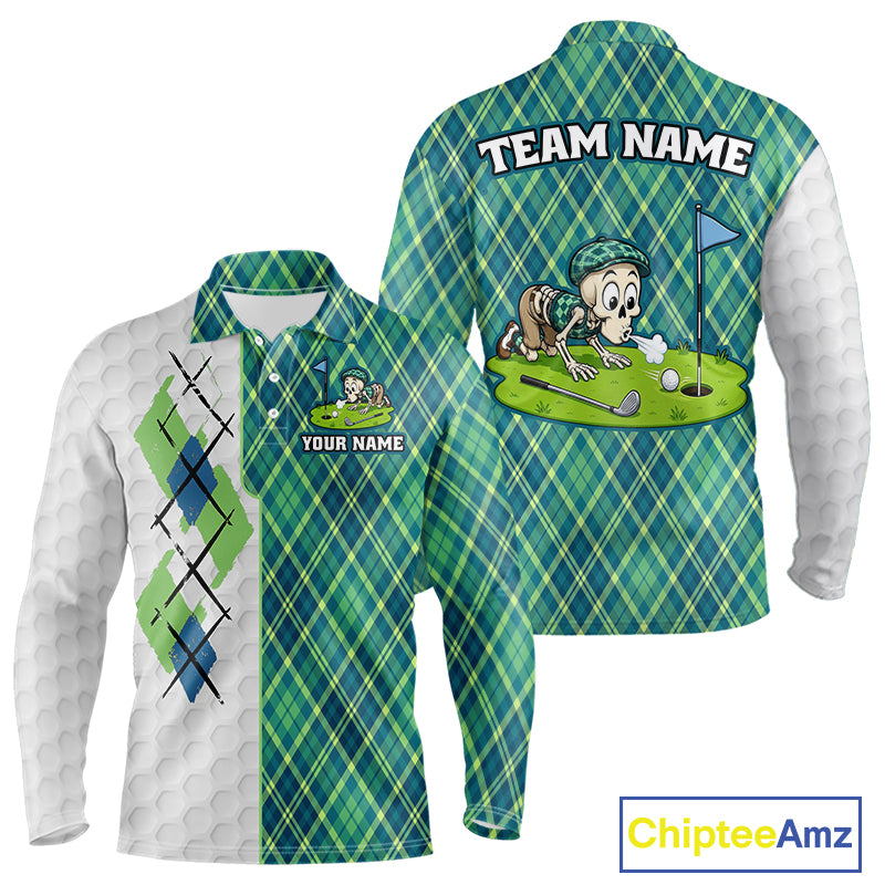 Long-sleeve shirt with plaid argyle design and cartoon character on a white background.