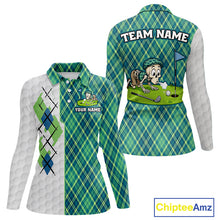 Load image into Gallery viewer, Green plaid shirt with cartoon design and text space on a white background