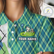 Load image into Gallery viewer, Green and blue plaid shirt with cartoon character and 'Your Name' text on a mannequin.