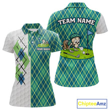 Load image into Gallery viewer, Golf-themed polo shirt with plaid design and cartoon character, featuring 'Team Name' and 'Your Name' text.