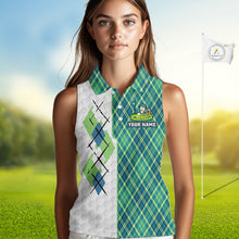 Load image into Gallery viewer, Green And Blue Argyle Golf Apparel Funny Skeleton Golf Sleeveless Polos For Women Custom Golf Team Outfits NYN3323