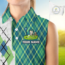 Load image into Gallery viewer, Green And Blue Argyle Golf Apparel Funny Skeleton Golf Sleeveless Polos For Women Custom Golf Team Outfits NYN3323