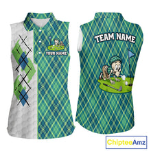 Load image into Gallery viewer, Sleeveless golf shirt with plaid argyle pattern and cartoon character on a white background