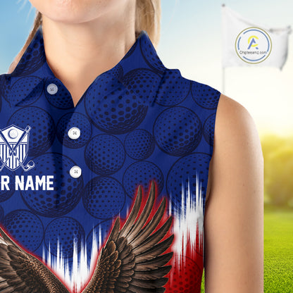 Person wearing a blue sleeveless shirt with a golf ball pattern and eagle design, with a blurred golf course in the background.