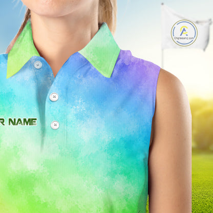 Colorful sleeveless shirt with a gradient design on a blurred outdoor background