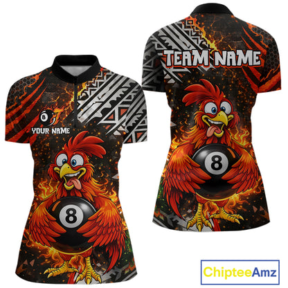 Funny Rooster Plays Pool 8 Ball 3D Billiard Shirt For Women Custom Grunge Flame Billiard Team Attire NYN2566
