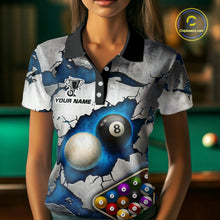 Load image into Gallery viewer, Blue And Grey Cracked 8 Ball Billiard Polo &amp; 1/4 Zip Shirt For Women Custom Billiard Pool Team Shirt NYN2942