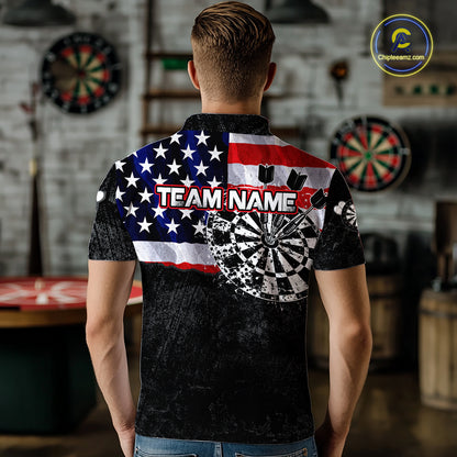 Male model wearing American Flag dart polo, patriotic dart team jersey, confidence, competitive athlete