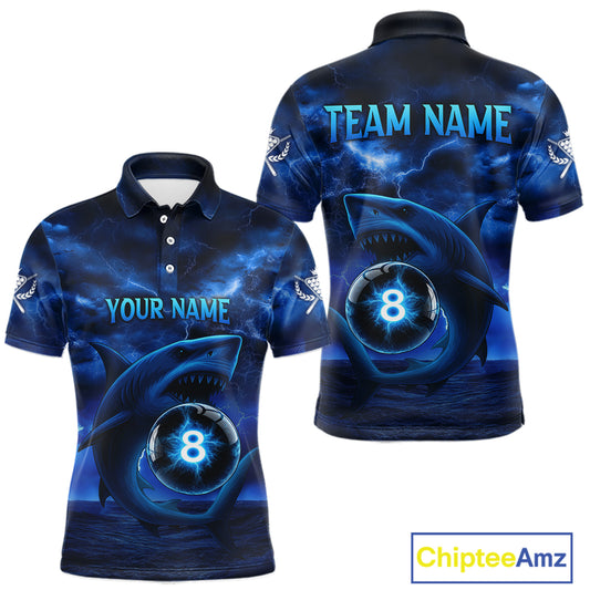 Blue Funny Shark Light 8 Ball Billiard Shirts For Men Custom Pool Billiard Team Jerseys NYN2289