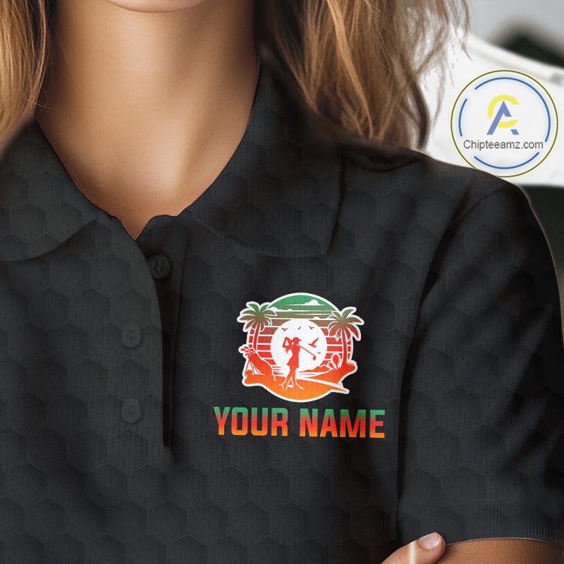 Tropical Black Golf Ball Polo Golf Shirts For Women Custom Splatter Golf Team Attire For Golfers NYN3153