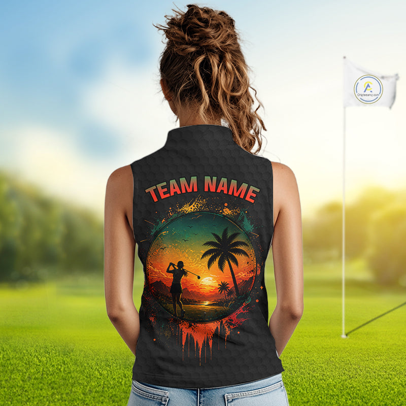 Tropical Black Golf Ball Sleeveless Polo Golf Shirts For Women Custom Splatter Golf Team Attire For Golfers NYN3153