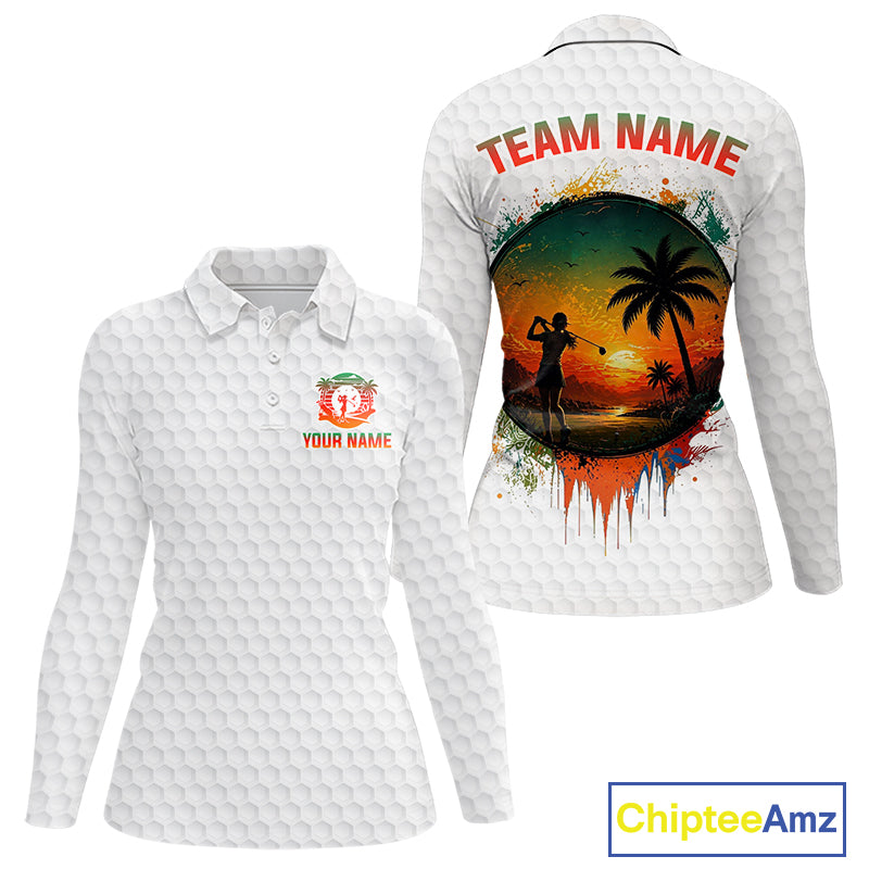 Tropical White Golf Ball Polo Golf Shirts For Women Custom Splatter Golf Team Attire For Golfers NYN3154