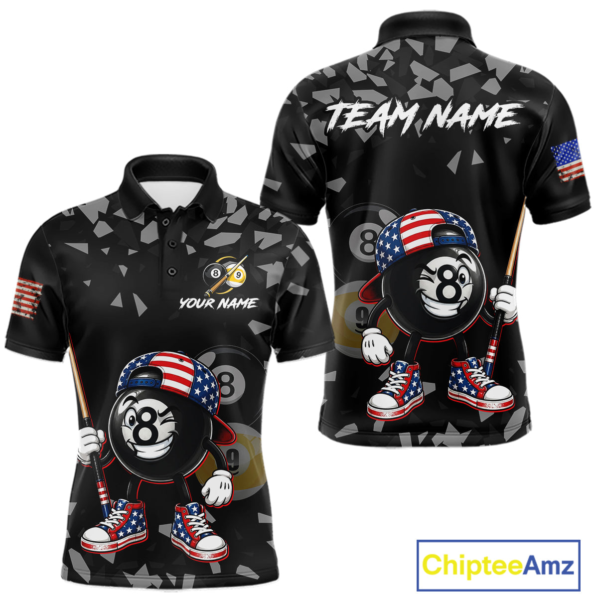 US Flag Funny 8 Ball Pool Polo Shirt For Men, Patriotic Billiard Team Jersey, Custom Pool League Apparel, Personalized Uniform