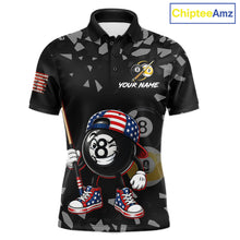 Load image into Gallery viewer, US Flag Funny 8 Ball Pool Polo Shirt For Men, Patriotic Billiard Team Jersey, Custom Pool League Apparel, Personalized Uniform