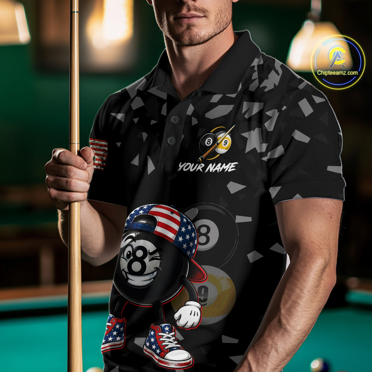 Male Pool Player Wearing Funny US Flag 8 Ball Billiard Shirt, Patriotic Pool League Clothing