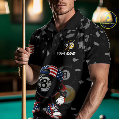 Male Pool Player Wearing Funny US Flag 8 Ball Billiard Shirt, Patriotic Pool League Clothing