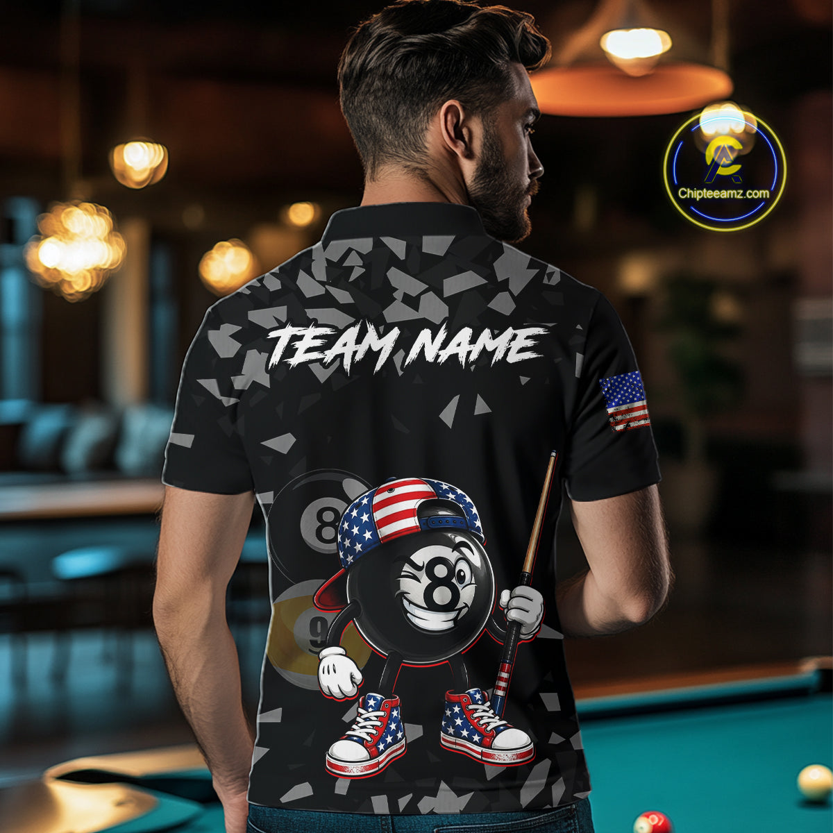 Male Pool Player Wearing Funny US Flag 8 Ball Billiard Shirt, Patriotic Pool League Clothing