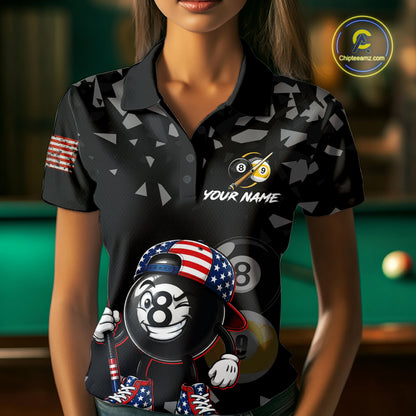 Female billiard player wearing US Flag Funny 8 Ball custom billiard shirt