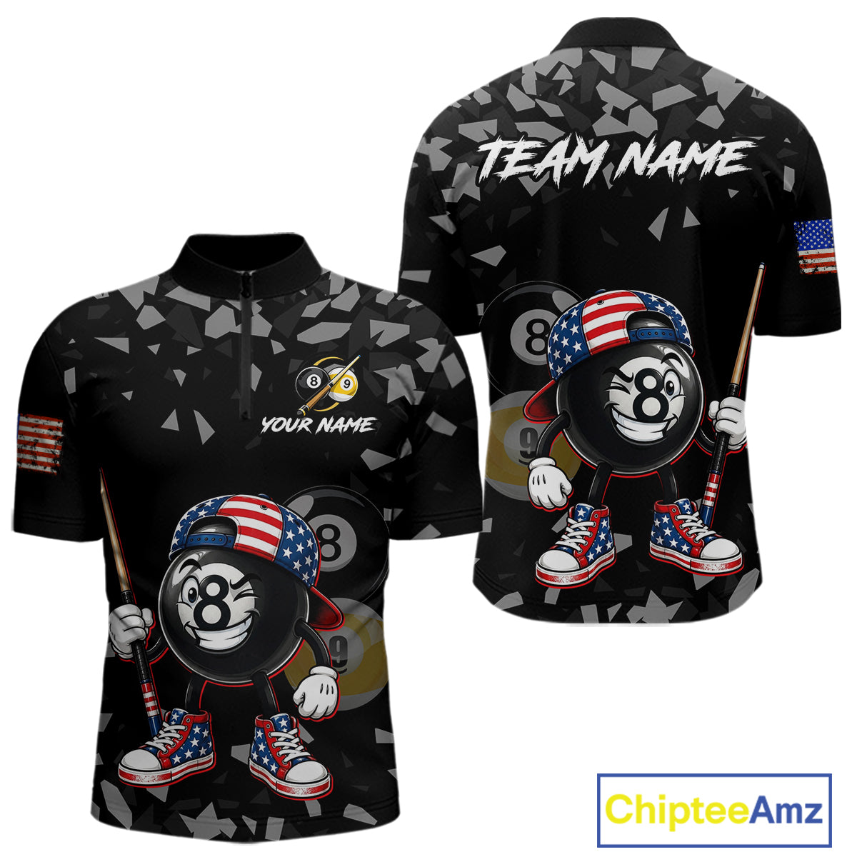 US Flag Funny 8 Ball Pool Quarter-Zip Shirt For Men, Patriotic Pool Team Uniform, Personalized Billiards Apparel