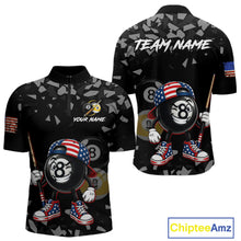 Load image into Gallery viewer, US Flag Funny 8 Ball Pool Quarter-Zip Shirt For Men, Patriotic Pool Team Uniform, Personalized Billiards Apparel