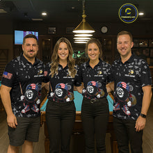 Load image into Gallery viewer, Men women pool team wearing patriotic US Flag Funny 8 Ball billiard jerseys