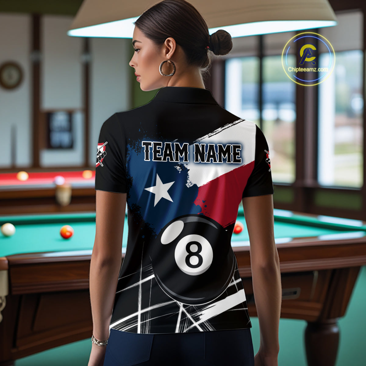 Female billiard player wearing Texas Flag Splash 8 Ball custom billiard shirt