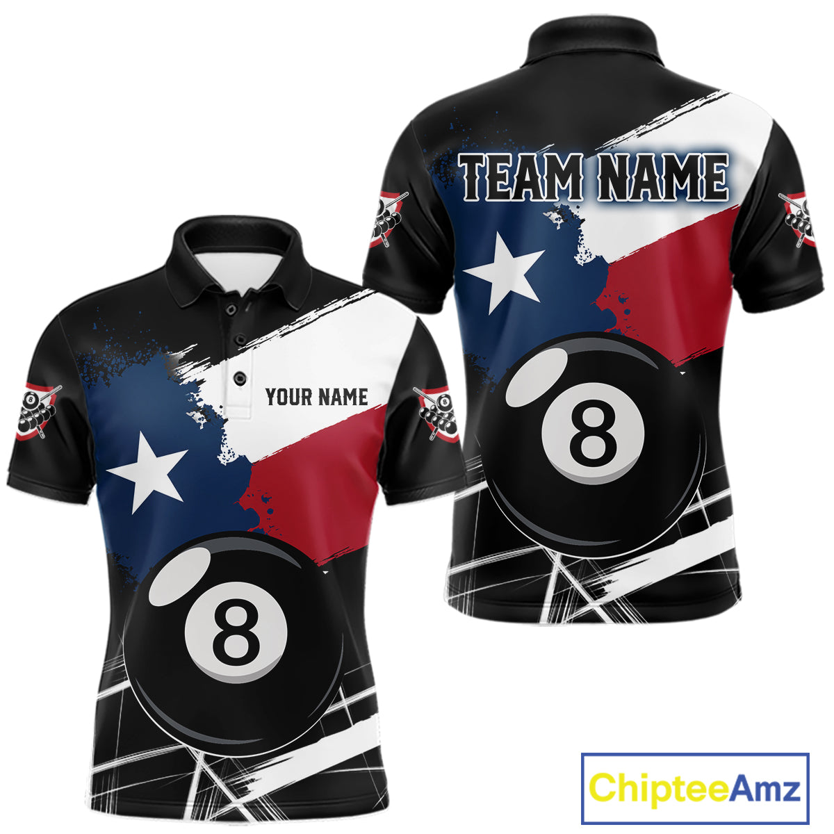 Texas Flag Splash 8 Ball Billiard Polo Shirt For Men, Patriotic Pool Team Jersey, Texas Pool League Apparel