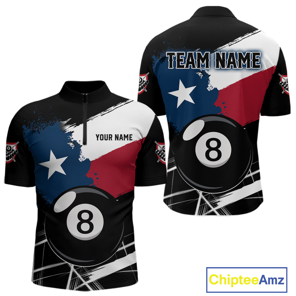 Texas Flag Splash 8 Ball Billiard Quarter-Zip Shirt For Men, Custom Patriotic Billiards Uniform, Pool Team Attire