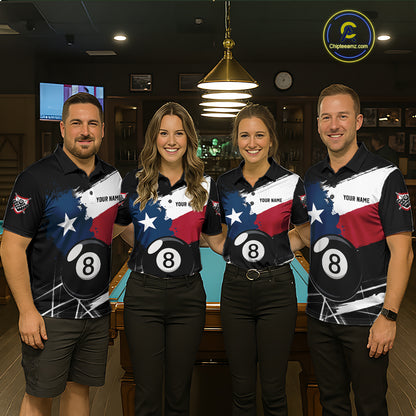 Men women billiard team wearing Texas Flag Splash patriotic pool jerseys